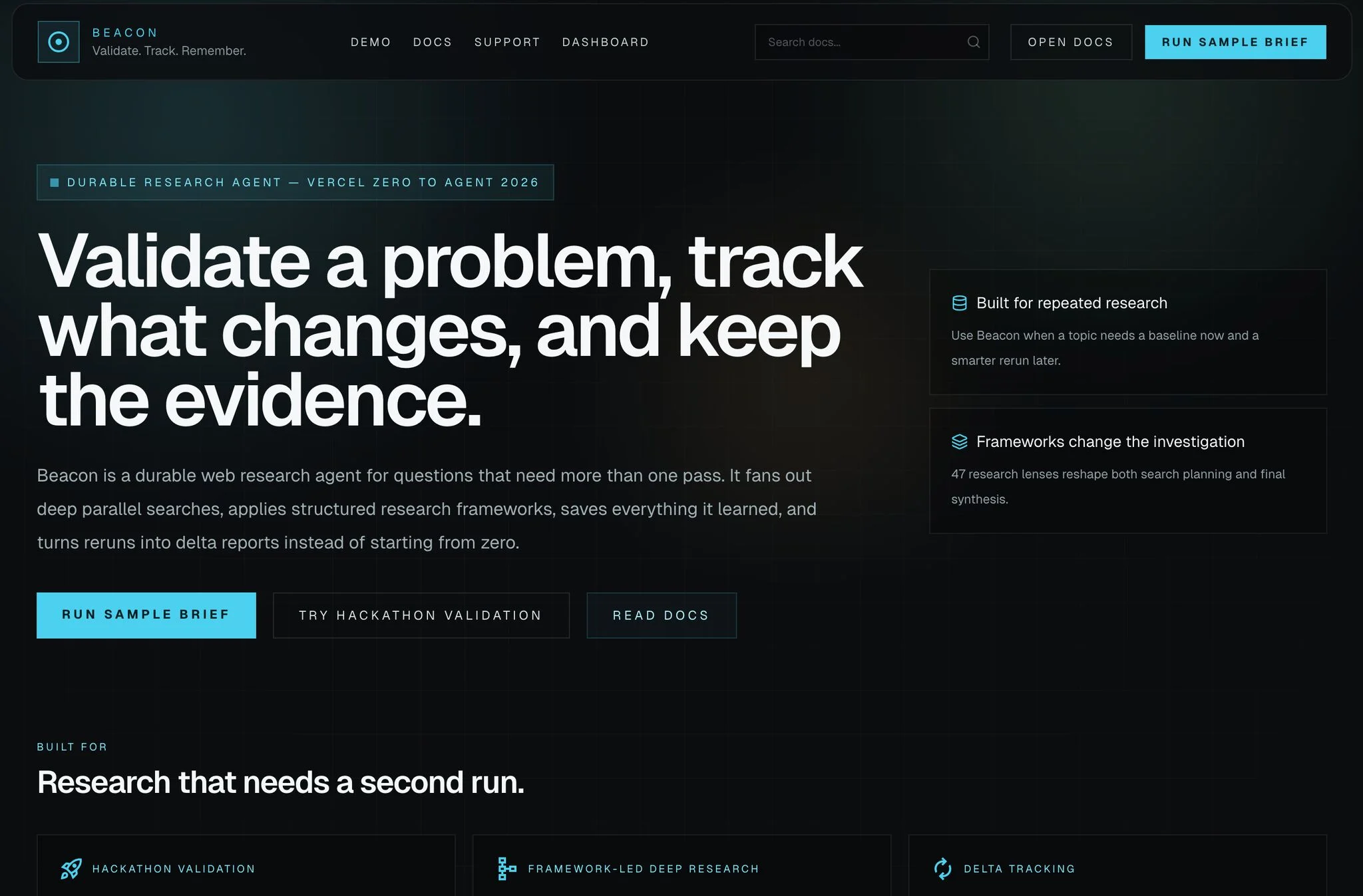 Beacon's landing page — durable research agent, built for Vercel Zero to Agent 2026
