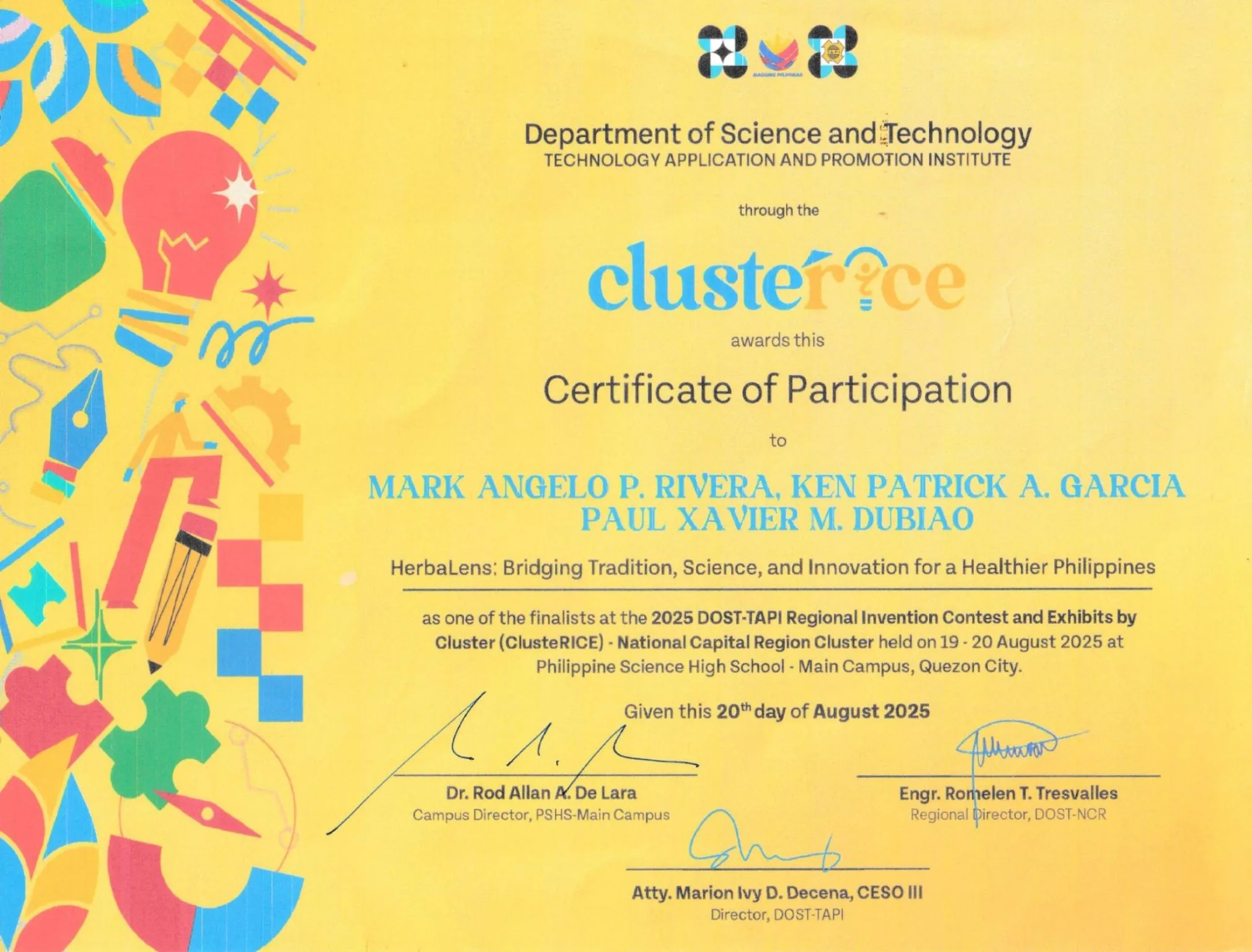 DOST-TAPI ClustRICE 2025 finalist certificate naming the HerbaLens team