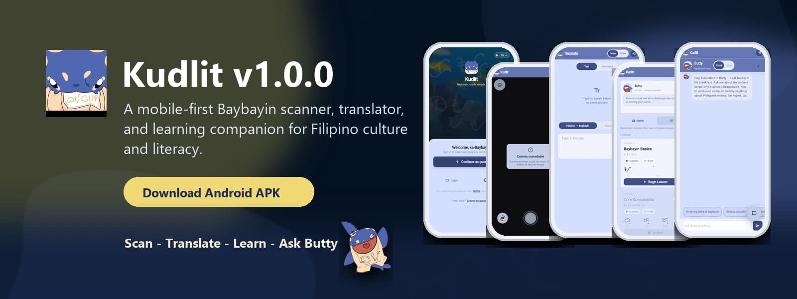 Kudlit v1.0.0 release banner — Baybayin scanner, translator, and learning companion